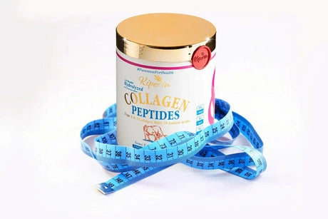 <img"Kiperin Collagen Peptitler kutusu, etrafında mavi bir mezura ile birlikte.">